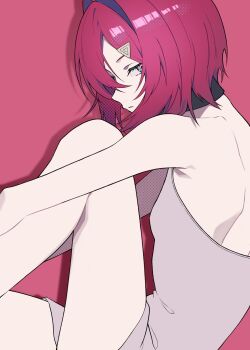 Rule 34 | 1girl, ange katrina, ange katrina (1st costume), armpit crease, backless dress, backless outfit, bare arms, bare legs, bare shoulders, ben-day dots, blue eyes, breasts, commentary request, dress, drop shadow, eyelashes, feet out of frame, from side, gradient eyes, grey dress, hair intakes, hair ornament, half-closed eyes, halftone, halter dress, halterneck, haruwo, highres, knee up, long bangs, looking at viewer, looking to the side, medium hair, multicolored eyes, nijisanji, parted lips, pink background, pink eyes, red hair, screentones, short dress, shoulder blades, simple background, small breasts, solo, triangle hair ornament, virtual youtuber