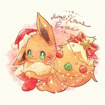 Rule 34 | :3, animal focus, bow, bright pupils, brown fur, christmas ornaments, christmas stocking, closed mouth, commentary request, eevee, fluffy, full body, fur-trimmed headwear, fur trim, gen 1 pokemon, green eyes, hat, highres, looking at viewer, lying, merry christmas, miketoevecan, neck fur, nintendo, no humans, on stomach, pokemon, pokemon (creature), pokemon focus, red bow, red hat, santa hat, simple background, solo, white background, white pupils, yellow fur