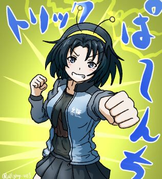 Rule 34 | black hair, blue eyes, blue jacket, breasts, clenched hands, collarbone, commentary request, girls und panzer, girls und panzer phase erika, haiiro purin, headband, jacket, keizoku military uniform, miniskirt, open clothes, skirt, touko (girls und panzer), translation request