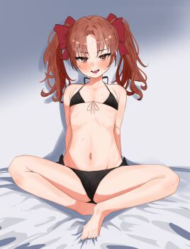 1girl arms_behind_back ass barefoot bed_sheet bikini black_bikini blush bow breasts brown_eyes brown_hair cameltoe flat_chest front-tie_bikini_top front-tie_top full_body hair_bow halterneck indian_style legs loli long_hair looking_at_viewer lowleg lowleg_bikini naughty_face navel open_mouth parted_bangs red_bow shirai_kuroko showtime775 side-tie_bikini_bottom sitting small_breasts smile solo spread_legs stomach sweat swimsuit thighs thong thong_bikini toaru_kagaku_no_railgun toaru_majutsu_no_index twintails wide_hips