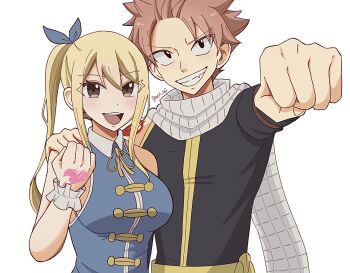 1boy 1girl black_jacket blonde_hair blue_shirt brown_eyes clenched_hand collared_shirt fairy_tail grin hand_tattoo highres jacket looking_at_viewer lucy_heartfilia natsu_dragneel neri_w2 pink_hair scarf shirt short_hair side_ponytail simple_background sleeveless sleeveless_shirt smile tattoo teeth upper_body upper_teeth_only white_background white_scarf