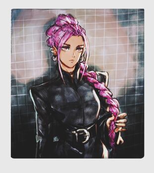 1girl against_wall belt belt_buckle black_belt black_coat braid braided_ponytail buckle coat commentary david_liu dutch_braided_ponytail ear_piercing earrings english_commentary highres holding holding_own_hair jewelry kpop_demon_hunters long_hair photo-referenced piercing purple_hair red_eyes rumi_(kpop_demon_hunters) solo tile_wall tiles very_long_hair