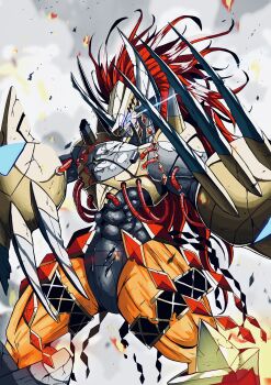 Rule 34 | armor, claws, damaged, digimon, digimon (creature), highres, muscular, oridigi, original, solo, wargreymon, wargreymon x-antibody, wargreymon x-antibody blast mode