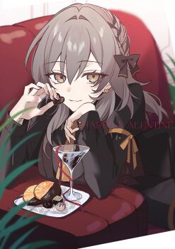 Rule 34 | 1girl, alternate costume, black bow, bow, braid, candy, chocolate, chocolate heart, cocktail glass, commentary, crown braid, cup, drinking glass, earrings, food, fruit, grey hair, hair between eyes, hair bow, happy valentine, hatuki 82, heart, heart-shaped food, heart earrings, highres, holding, holding chocolate, holding food, honkai: star rail, honkai (series), jewelry, looking at viewer, lying, medium hair, necktie, on stomach, orange (fruit), orange slice, solo, stelle (honkai: star rail), trailblazer (honkai: star rail), untranslatable commentary, yellow bow, yellow eyes