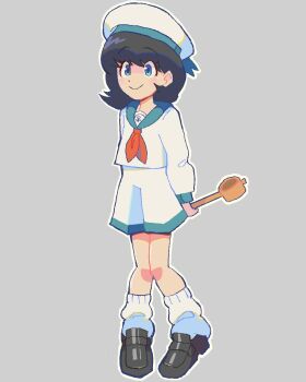 Rule 34 | 1girl, anchor symbol, black hair, black shoes, blue eyes, collared shirt, full body, grey background, hat, hat ribbon, highres, holding, holding ladle, hypniac, knees together feet apart, ladle, long sleeves, medium hair, murasa minamitsu, neckerchief, ribbon, sailor hat, shirt, shoes, smile, socks, solo, touhou, white hat, white shirt, white socks