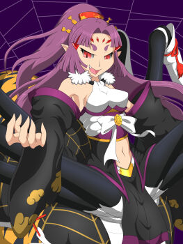 1girl amauchi arachne arthropod_girl arthropod_limbs bow breasts commentary_request detached_sleeves extra_eyes fangs fur_collar highres insect_girl japanese_clothes long_hair mon-musu_quest! monster_girl navel pelvic_curtain pointy_ears purple_background purple_hair red_eyes silk slit_pupils smile solo spider_girl spider_princess_(mon-musu_quest!) spider_web taur teeth very_long_hair white_bow