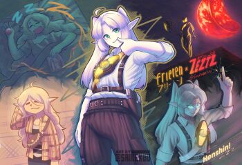 1girl =_= ahoge artist_name belt capsems closed_mouth commentary compound_eyes cosplay crossover elf frieren glowing green_eyes helmet highres kamen_rider kamen_rider_zeztz kamen_rider_zeztz_(series) long_hair moon open_mouth pointy_ears red_moon rider_belt saikekuu solo sousou_no_frieren spoken_zzz tokusatsu twintails white_hair yorozu_baku yorozu_baku_(cosplay) zeztz_driver zzz