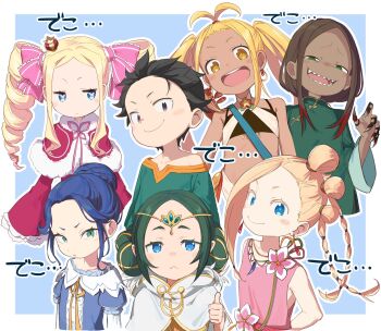 2boys 5girls 8_humi :&lt; aged_down bare_shoulders beatrice_(re:zero) black_eyes black_hair blonde_hair blue_eyes blue_hair brown_hair butterfly-shaped_pupils character_request claws commentary_request crown dark-skinned_female dark-skinned_male dark_skin drill_hair earrings green_eyes green_hair hair_bun highres jewelry liliana_masquerade long_hair long_sleeves looking_at_viewer medium_o&#039;connell mini_crown multiple_boys multiple_girls natsuki_subaru open_mouth pink_pupils re:zero_kara_hajimeru_isekai_seikatsu roy_alphard sharp_teeth simple_background smile symbol-shaped_pupils teeth twin_drills yellow_eyes