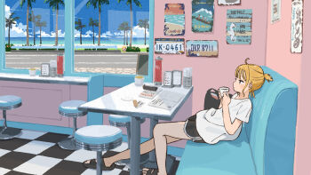 1girl absurdres beach black_sandals black_shorts blonde_hair blue_sky book booth_seating closed_mouth coffee_mug commentary_request cup day diner dolphin_shorts grey_eyes highres holding holding_cup horizon indoors license_plate mashiro_ka mug napkin_holder ocean open_book original palm_tree poster_(object) sandals shirt short_sleeves shorts sitting sky solo stool tile_floor tiles tree white_shirt window