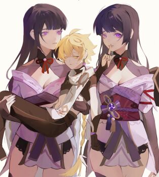 1boy 2girls aether_(genshin_impact) ahoge alternate_hairstyle black_panties black_thighhighs blonde_hair blue_pupils blunt_bangs braid breasts bridal_gauntlets brown_pants brown_shirt carrying carrying_person chinese_commentary cleavage closed_mouth clothing_cutout couple covered_collarbone crop_top dual_persona earrings expressionless bad_tag genshin_impact girly_boy glowing hair_between_eyes hair_down highres huge_ahoge japanese_clothes jewelry kimono large_breasts light_smile long_braid long_hair looking_at_viewer looking_to_the_side mitsudomoe_(shape) mole mole_under_eye multicolored_eyes multiple_girls navel neck_ribbon off_shoulder panties pants pink_lips princess_carry purple_eyes purple_hair purple_kimono raiden_shogun red_ribbon red_sash ribbon sash scarf shade shirt short_sleeves shoulder_cutout simple_background single_braid single_earring standing stomach sweatdrop thighhighs thighs tomoe_(symbol) unconscious underwear upper_body white_background white_scarf xiaofangfang49820 yellow_eyes