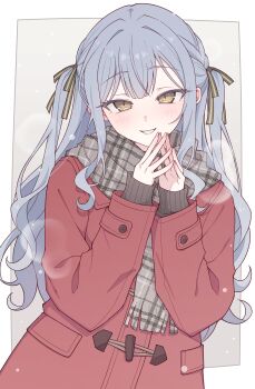 1girl bang_dream! bang_dream!_it's_mygo!!!!! black_ribbon black_sweater blue_hair blush border breath commentary_request e20 grey_scarf hair_ribbon highres jacket long_hair long_sleeves looking_at_viewer open_mouth outside_border red_jacket ribbon scarf sidelocks smile snow solo sweater togawa_sakiko unmoving_pattern white_border yellow_eyes