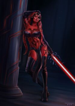 1girl alien anna_selena black_boots black_gloves boots breasts cleavage colored_skin commentary darth_talon elbow_gloves energy_sword english_commentary full-body_tattoo gloves highres holding holding_sword holding_weapon indoors large_breasts lightsaber looking_at_viewer pelvic_curtain red_lightsaber red_skin star_wars sword tattoo thigh_boots twi'lek weapon