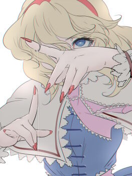 1girl 3d alice_margatroid blonde_hair blue_eyes capelet chromatic_aberration dress female_focus fingernails hairband jewelry nail_polish puppet_rings puppet_strings ring short_hair solo string touhou yuura