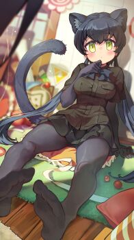 1girl absurdres animal_ears animal_print apron black_hair black_leopard_(kemono_friends) blush bow bowtie elbow_gloves extra_ears gloves highres kemono_friends leopard_ears leopard_tail long_hair melaton multicolored_hair pantyhose shirt short_sleeves sitting skirt solo tail twintails yellow_eyes