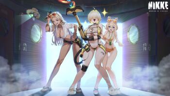 3girls absurdres bikini blonde_hair breasts centi_(nikke) centi_(ocean_repair)_(nikke) clothing_cutout elegg_(boom_and_shock)_(nikke) elegg_(nikke) f.k_(hs225kr) game_controller_nipples_(meme) game_controller_print gluteal_fold goddess_of_victory:_nikke hair_intakes hair_over_eyes heart_cutout highres it_runs_doom_(meme) large_breasts long_bangs long_hair meme multiple_girls official_art one-piece_swimsuit rabbit_choker rabbit_ornament see-through_clothes see-through_one-piece_swimsuit see-through_slingshot_swimsuit short_hair skindentation slingshot_swimsuit swimsuit thighs tove_(nikke) tove_(sunblaze)_(nikke) two-sided_gloves yellow_one-piece_swimsuit yellow_slingshot_swimsuit