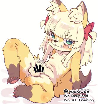 1boy animal_ears bar_censor blonde_hair censored clenched_teeth commentary_request dog_boy dog_ears dog_tail fox_ears furry furry_male green_eyes long_hair looking_at_viewer male_focus nipples original parted_lips penis sharp_teeth shota solo tail teeth testicles thick_eyebrows trap yuuki_(yuyuki000)