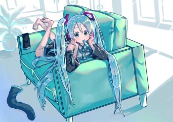 1girl aqua_eyes aqua_hair aqua_necktie aqua_trim bare_shoulders barefoot black_skirt black_sleeves bmgkxwk3fz55378 commentary_request couch detached_sleeves dot_nose feet food food_in_mouth full_body grey_shirt hair_ornament hatsune_miku head_on_hands headset highres indoors light_blush long_hair looking_at_viewer lying necktie on_couch on_stomach plant popsicle popsicle_in_mouth potted_plant shirt skirt sleeveless sleeveless_shirt soles solo thighhighs toes twintails unworn_thighhighs very_long_hair vocaloid wing_collar