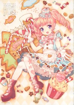 Rule 34 | 1girl, :d, absurdres, apron, argyle background, argyle clothes, asaki yuzuno, bloomers, boots, bow, candy, candy cane, checkerboard cookie, cookie, cookie print, cupcake, dress, drill hair, female focus, food, food-themed clothes, food print, frilled apron, frilled gloves, frills, full body, gingerbread house, gingerbread man, gloves, hat, heart, heart-shaped food, highres, holding, holding candy, holding candy cane, holding food, lolita fashion, looking at viewer, mini hat, mini top hat, open mouth, pantyhose, petticoat, pink hair, print dress, print pantyhose, puffy short sleeves, puffy sleeves, purple eyes, ribbon, scan, scan artifacts, short sleeves, sidelocks, smile, solo, striped clothes, striped dress, sweet lolita, thumbprint cookie, top hat, twin drills, twintails, underwear, vertical-striped clothes, vertical-striped dress, white gloves, white pantyhose, yuzuno asaki