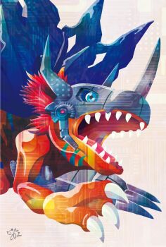 Rule 34 | claw (weapon), cyborg, digimon, digimon (creature), dinosaur, helmet, highres, mechanical arms, metalgreymon, no humans, open mouth, red hair, sharp teeth, single mechanical arm, solo, teeth, torn wings, weapon, wings, yam retsu