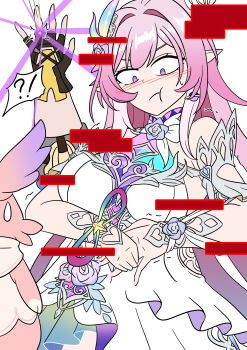 1boy 1girl absurdres bare_shoulders blush breasts caelus_(honkai:_star_rail) cyrene_(honkai:_star_rail) cyrene_(ripples_of_past_reverie)_(honkai:_star_rail) dress fingerless_gloves gloves highres honkai:_star_rail honkai_(series) jewelry large_breasts long_hair mem_(honkai:_star_rail) pink_hair purple_eyes ring trailblazer_(honkai:_star_rail) transformation vel_(tsfbunnyboy) white_dress