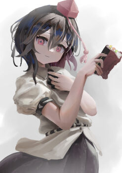 Rule 34 | 1girl, absurdres, black skirt, brown hair, closed mouth, collared shirt, commentary, grey background, hat, highres, holding, holding notebook, looking at viewer, medium hair, notebook, puffy short sleeves, puffy sleeves, red eyes, red hat, shameimaru aya, shirt, short sleeves, skirt, solo, tokin hat, touhou, white shirt, yunickckck