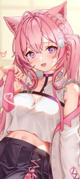 Rule 34 | 1girl, :3, ahoge, animal ears, bare shoulders, black skirt, braid, breasts, collared shirt, commentary request, dot nose, fang, frills, hair between eyes, hair ornament, hakui koyori, hakui koyori (1st costume), heart, highres, hololive, ito siki, large breasts, long hair, long sleeves, looking at viewer, midriff, necktie, open mouth, pink hair, pink necktie, pleated skirt, purple eyes, shirt, skirt, strap, sweat, twintails, virtual youtuber, wolf ears, wolf girl