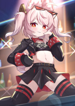 1girl animal_ear_fluff animal_ears black_jacket black_skirt black_thighhighs burnice_white burnice_white_(cosplay) commentary cosplay eyewear_on_head furry furry_female highres jacket long_hair navel pink_hair rabbit_ears rabbit_girl red_eyes skirt solo symbol-only_commentary thick_eyebrows thighhighs twintails uneg zenless_zone_zero zhao_(zenless_zone_zero)