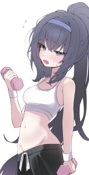 1girl absurdres bags_under_eyes black_hair blue_archive blush drawstring dumbbell hairband halo highres holding holding_dumbbell long_hair lowleg lowleg_pants open_mouth pants ponytail solo sports_bra ui_(blue_archive) white_sports_bra ximgyeon