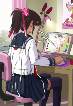 ! !! 1boy 1girl character_request computer cum cum_on_body cum_on_clothes cum_on_hair cum_on_shirt cum_on_skirt facial feet_out_of_frame fourth_wall g_yukishiro highres lamp laptop masturbation nude penis school_uniform sitting through_medium through_screen tomato what