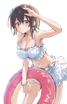 1girl aoi_erika aoinegima arm_up armpits bare_shoulders bead_bracelet beads bikini bikini_skirt blue_eyes blush bracelet breasts brown_hair cleavage closed_mouth collarbone earrings flower flower_earrings frilled_bikini frills hair_between_eyes hair_flower hair_ornament heaven_burns_red highres holding holding_swim_ring innertube jewelry large_breasts leaning_forward looking_at_viewer medium_breasts navel short_hair simple_background smile solo swim_ring swimsuit wet wet_hair white_background white_bikini
