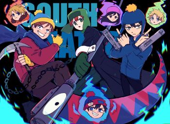 Rule 34 | 1girl, beanie, black coat, black hair, blonde hair, brown hair, coat, craig tucker, crossover, dual wielding, eric cartman, fingerless gloves, fur-trimmed hood, fur trim, gloves, green gloves, gun, hat, highres, holding, holding gun, holding scythe, holding weapon, hood, hoodie, kenny mccormick, knit hat, kusarigama, kyle broflovski, multiple boys, orange hoodie, potatotop, red coat, red hair, scythe, sickle, soul eater, south park, stan marsh, tweek tweak, ushanka, weapon, wendy testaburger, winter clothes, winter coat, yellow gloves