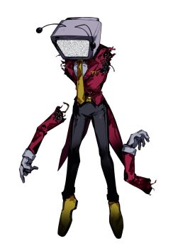 1boy amputee android ant_tenna armless_amputee belt black_belt black_pants cable coat commentary_request crt deltarune double_amputee facing_down full_body gloves highres legs_apart long_sleeves male_focus mechabare melvi0 necktie object_head pants radio_antenna red_coat shirt shoes simple_background solo spoilers standing static utdr_(toby_fox) white_background white_gloves white_shirt yellow_necktie yellow_shoes