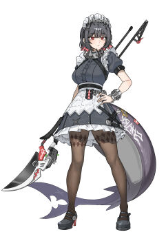 1girl absurdres black_dress black_hair black_shoes breasts brown_pantyhose closed_mouth colored_inner_hair commentary dress ellen_joe fins fish_tail frilled_wristband full_body hairband hand_on_own_hip haneuldude12800 highres holding holding_weapon looking_at_viewer maid_headdress mary_janes medium_breasts metal_hairband mole mole_under_eye multicolored_hair pantyhose razor_blade_hair_ornament red_eyes scar scar_on_tail shark_girl shark_tail shoes short_hair simple_background solo spiked_headband standing symbol-only_commentary tail weapon white_background zenless_zone_zero