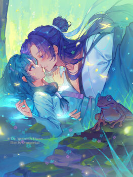 Rule 34 | 1boy, 1girl, animal, arm around waist, artist name, blue eyes, blush, boy on top, chinese clothes, commentary, copyright name, curtained hair, duijin ruqun, eye contact, flower, frog, from side, grass, green hair, hair bun, hair ribbon, hanfu, hetero, highres, imminent kiss, jinshi (kusuriya no hitorigoto), kusuriya no hitorigoto, leg up, long hair, long sleeves, looking at another, low-tied sidelocks, lying, maomao (kusuriya no hitorigoto), on back, orange sekaii, parted lips, pectoral cleavage, pectorals, profile, purple eyes, purple hair, ribbon, rock, sidelocks, single hair bun, small sweatdrop, very long hair, white ribbon