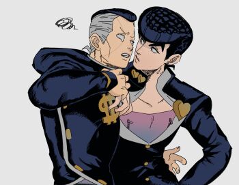 2boys arm_around_neck arm_up black_hair black_jacket blue_eyes brooch buttons commentary cowboy_shot crying crying_with_eyes_open diamond_wa_kudakenai dollar_sign eyelashes facial_mark gakuran grey_hair heart higashikata_josuke highres hover_hand jacket jewelry jojo_no_kimyou_na_bouken long_sleeves male_focus multiple_boys nijimura_okuyasu open_clothes open_jacket open_mouth parted_lips pompadour purple_shirt school_uniform shirt short_hair simple_background squiggle symbol-only_commentary tears teeth thick_eyebrows tirauraja white_background zipper zipper_pull_tab