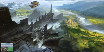Rule 34 | aircraft, airship, bird, building, cloud, concept art, fengzhudesign, final fantasy, final fantasy vi, grass, highres, mountain, river, road, sky, snow, tree