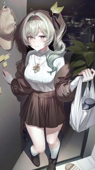 1girl alternate_hairstyle bag baseball_cap black_shoes blush bra_visible_through_clothes breasts brown_hairband brown_jacket brown_skirt doorway firefly_(honkai:_star_rail) hairband hashtag-only_commentary hat hi70 highres holding holding_bag honkai:_star_rail honkai_(series) jacket jewelry looking_at_viewer medium_breasts necklace night plastic_bag pov_doorway shoes side_ponytail skirt smile socks solo sweater unworn_hat unworn_headwear white_socks white_sweater