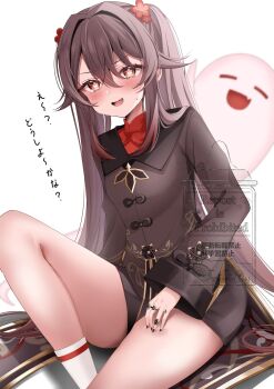 1girl bare_legs black_nails blush boo_tao_(genshin_impact) brown_hair brown_shirt brown_shorts flower-shaped_pupils genshin_impact hair_between_eyes highres hu_tao_(genshin_impact) komor_yuki long_hair long_sleeves looking_at_viewer open_mouth red_eyes shirt shorts smile solo symbol-shaped_pupils twintails