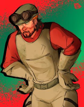 Rule 34 | 1boy, apron, beard, blue eyes, brown hair, cowboy shot, elbow gloves, facial hair, gloves, goggles, goggles on head, hands on own hips, helmet, highres, iron lung (movie), jack (iron lung), long sleeves, male focus, orange shirt, rubber gloves, serious, shirt, solo, spunketpunk