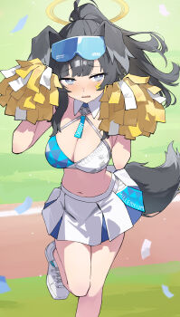 1girl absurdres animal_ears black_hair blue_archive blue_eyes blush breasts bright_pupils cheerleader chinese_commentary cleavage commentary crop_top dog_ears dog_girl dog_tail eyewear_on_head goggles goggles_on_head halo hibiki_(blue_archive) hibiki_(cheer_squad)_(blue_archive) highres holding holding_pom_poms kaminari_(edeath) large_breasts long_hair looking_at_viewer medium_breasts midriff millennium_cheerleader_outfit_(blue_archive) navel official_alternate_costume open_mouth outdoors pom_pom_(cheerleading) pom_poms ponytail shoes skirt sneakers solo standing standing_on_one_leg star_(symbol) star_sticker sticker sticker_on_face tail white_shoes white_skirt yellow_halo
