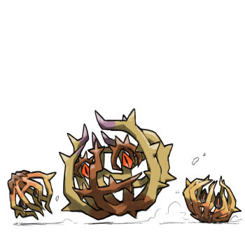 black_eyes blacknirrow brambleghast bramblin dust evolutionary_line full_body nintendo no_humans pokemon pokemon_(creature) pokemon_focus red_eyes red_pupils rolling simple_background thorns white_background