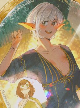 2girls alt_text alternate_hair_length alternate_hairstyle asimov_(spindle_(aidenr0)) blue_dress blush breasts bright_pupils brown_hair cleavage closed_mouth collarbone commentary dress elf english_commentary eyelashes fingernails green_eyes highres medium_hair multiple_girls open_mouth original ottilie_(spindle_(aidenr0)) own_hands_together pointy_ears short_hair single_bare_shoulder smile spindle_(aidenr0) teeth upper_body white_hair white_pupils