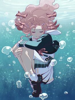 1girl aikatsu!_(series) aikatsu_academy! black_shoes blue_shirt blush_stickers bow bubble closed_eyes cropped_shirt dress expressionless facing_viewer floating_hair frilled_sleeves frills hair_bow highres himeno_mieru hugging_own_legs legs_together loafers long_hair long_sleeves medium_dress pink_bow pink_hair pink_ribbon pleated_dress polka_dot ribbon sailor_collar school_uniform shirt shoes socks solo underwater wavy_hair white_dress white_sailor_collar white_socks yukiguni_(ykgn)