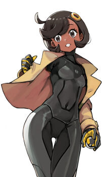 1girl absurdres bodysuit brown_jacket commentary_request emma_(pokemon) eudetenis eyelashes grin hair_ornament highres holding holding_poke_ball jacket long_sleeves nintendo open_clothes open_jacket poke_ball pokemon pokemon_legends:_z-a simple_background smile solo teeth thigh_gap ultra_ball white_background