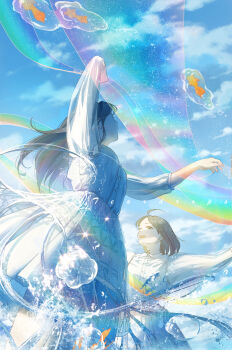 2girls absurdres ahoge arms_up brown_eyes brown_hair cloud cloudy_sky commentary_request dancing dress floating_veil floating_water_bubble highres holding_veil long_hair medium_hair multiple_girls one_eye_closed open_mouth original overskirt pleated_skirt rainbow_refraction semi-transparent_dress shirt skirt sky smile splashing teardrops_(user_vgvd7733) vest water_bubble white_dress white_shirt white_vest