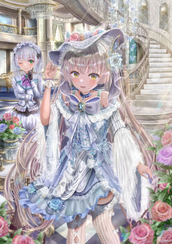 2girls :d ;3 alternate_costume arm_under_breasts bare_shoulders black_gloves blue_dress blue_flower blue_nails blue_rose blush bow bowtie brown_hair choker commentary_request dress dress_flower eyelashes feet_out_of_frame flower frilled_choker frilled_dress frilled_sleeves frilled_thighhighs frills gloves green_eyes grey_bow grey_bowtie hair_flower hair_ornament hand_up happy hat hat_flower heaven_burns_red highres index_finger_raised indoors kuroe_maruru lolita_fashion long_hair long_sleeves looking_at_another looking_at_viewer medium_hair multiple_girls nail_polish off-shoulder_dress off_shoulder ogasawara_hisame one_eye_closed open_mouth pink_flower pink_rose purple_flower purple_rose red_pupils rose shy smile solo_focus spiked_hair standing starish sugawara_chie sun_hat thighhighs twintails two-tone_dress very_long_hair white_dress white_flower white_hair white_hat white_thighhighs white_wrist_cuffs wide_sleeves wrist_cuffs yellow_eyes