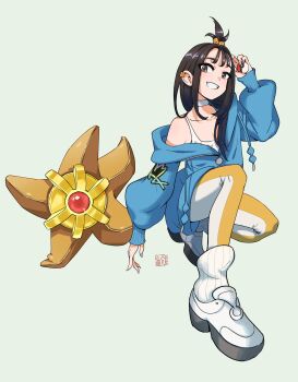1girl absurdres ankle_socks black_hair blue_jacket brown_eyes camisole choker choppy_bangs cube_hair_ornament drawstring earclip fingernails full_body gen_1_pokemon grin hair_ornament hand_up highres holding holding_poke_ball hood hood_down hooded_jacket jacket jody_tseng leggings lida_(pokemon) long_hair long_sleeves looking_at_viewer nintendo on_one_knee orange_leggings poke_ball poke_ball_(basic) pokemon pokemon_(creature) pokemon_legends:_z-a puffy_long_sleeves puffy_sleeves ribbed_socks seal_impression shoes simple_background single_bare_shoulder single_off_shoulder sleeve_cuffs sleeves_past_wrists smile sneakers socks staryu topknot two-tone_leggings white_camisole white_choker white_leggings white_socks