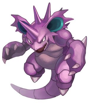 brown_eyes claws colored_skin fangs full_body gen_1_pokemon horns jumping large_ears nidoking nintendo no_humans open_mouth pokemon pokemon_(creature) purple_skin sharp_teeth single_horn spikes tail teeth tesshii_(riza4828) tongue v-shaped_eyebrows white_background