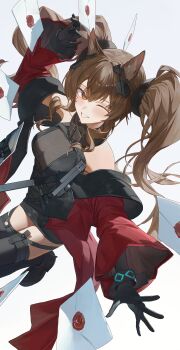1girl absurdres angelina_(arknights) animal_ear_fluff animal_ears arm_up bare_shoulders black_gloves black_thighhighs blush bracelet breasts brown_hair coat commentary diamond-shaped_pupils diamond_(shape) dot_nose dress dutch_angle elbow_gloves fox_ears fox_girl gilberta_(arknights) gloves grin highres impossible_clothes impossible_dress infection_monitor_(arknights) jewelry letter long_hair long_sidelocks long_sleeves looking_at_viewer medium_breasts off_shoulder one_eye_closed open_clothes open_coat orange_eyes outstretched_arm red_coat short_dress sidelocks simple_background sleeveless sleeveless_dress smile solo starshell symbol-shaped_pupils thighhighs twintails wax_seal white_background wide_sleeves zettai_ryouiki