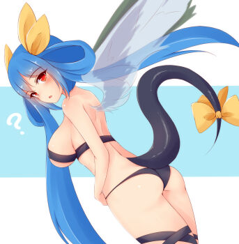 1girl ? arc_system_works ass ayatori_(aytr) black_panties black_tube_top blue_background blue_hair blush bow breasts confused dizzy_(guilty_gear) dot_nose eyebrows_hidden_by_hair eyelashes feathered_wings feathers feet_out_of_frame female_focus from_behind guilty_gear guilty_gear_x hair_bow hair_ribbon highres large_breasts long_hair looking_at_viewer looking_back open_mouth orange_eyes panties ribbon simple_background solo standing strapless tail tube_top twintails two-tone_background underwear white_background wings yellow_bow yellow_ribbon